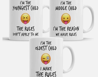 Youngest Middle Oldest Child Sister Brother Rules Emoji Funny Coffee Mug Tea Cup Gift Set