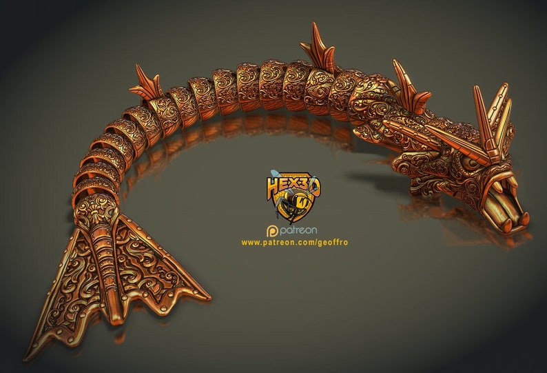 Deluxe Articulated Gyarados by Hex3d Unpainted in PLA Materialgold