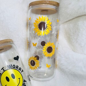 Sunflowers and Butterflies Libbey Glass Cup/Milk Carton Bottle 16oz, 17oz, 20oz, 240z with Straw & Lid
