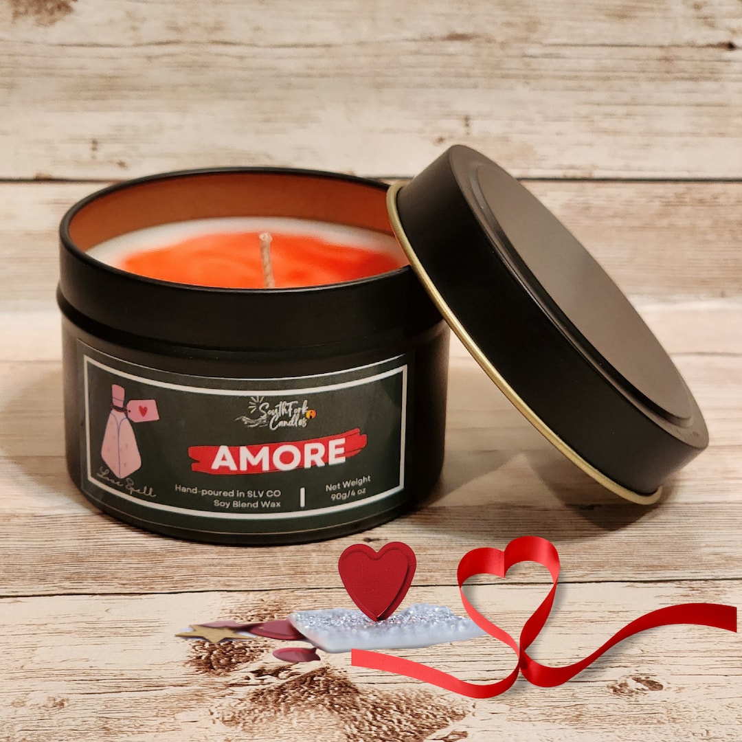 Love Spell Scented Candle Amore Soy Blend Wax 4oz Tin Candle Floral and