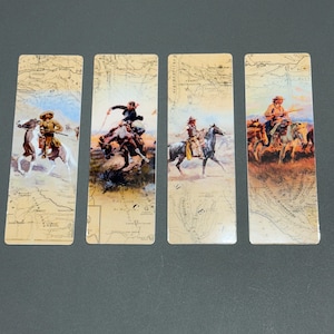 May include: Set of four rectangular bookmarks featuring Western-themed illustrations. Each bookmark depicts cowboys on horseback, set against a backdrop of a vintage map. The color palette includes browns, tans, and blues.