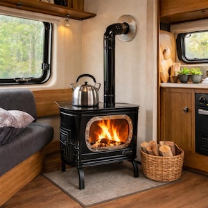 Estufa compacta de leña, sistema de calefacción autónomo, estufa para cocinar al aire libre.
