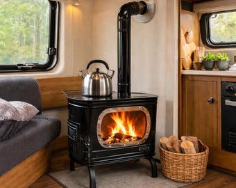 Estufa compacta de leña, sistema de calefacción autónomo, estufa para cocinar al aire libre.