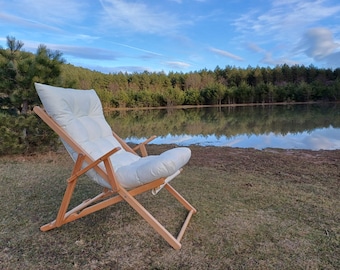 Silla plegable de camping de madera de haya: tejido impermeable, cojín extraíble.