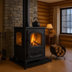 Cast Iron Wood Burning Stove: Three-Sided Glass, Home Heater