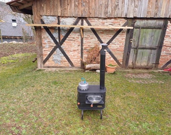 Estufa de leña portátil con horno: tienda de campaña, cabaña, caravana - Hecha a mano