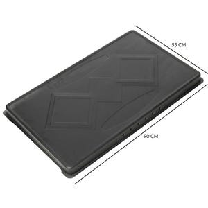 May include: A black rectangular plastic tray, measuring 90 cm long and 55 cm wide. The tray has a raised edge and a textured surface with diamond-shaped patterns. Small holes are visible along one side.
