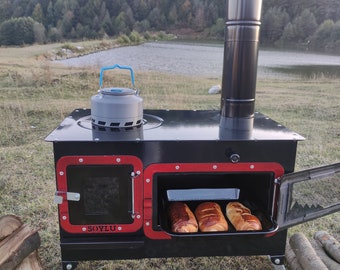 wood stove with oven, wood stove, boat stove, camping stove, caravan stove, cabin stove, fishing stove