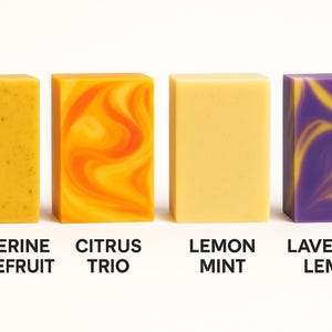 Peut inclure: Quatre savons artisanaux rectangulaires. Les savons sont &eacute;tiquet&eacute;s : Tangerine Grapefruit, Citrus Trio, Lemon Mint et Lavender Lemon. Les savons sont jaunes, oranges et violets avec divers motifs et textures. Les savons sont pr&eacute;sent&eacute;s sur fond blanc.