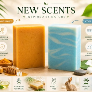 Peut inclure: Deux pains de savon rectangulaires, un orange et un bleu avec des tourbillons blancs, sont pr&eacute;sent&eacute;s avec des ingr&eacute;dients naturels. Le texte "New Scents Inspired by Nature" est en haut. Le savon orange est &eacute;tiquet&eacute; "Turmeric Orange Honey" et le savon bleu est &eacute;tiquet&eacute; "Cool Water Breeze".