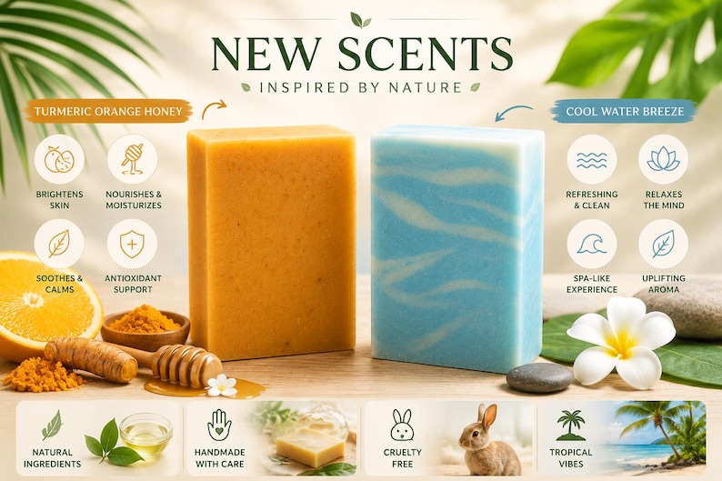 Peut inclure: Deux pains de savon rectangulaires, un orange et un bleu avec des tourbillons blancs, sont pr&eacute;sent&eacute;s avec des ingr&eacute;dients naturels. Le texte "New Scents Inspired by Nature" est en haut. Le savon orange est &eacute;tiquet&eacute; "Turmeric Orange Honey" et le savon bleu est &eacute;tiquet&eacute; "Cool Water Breeze".