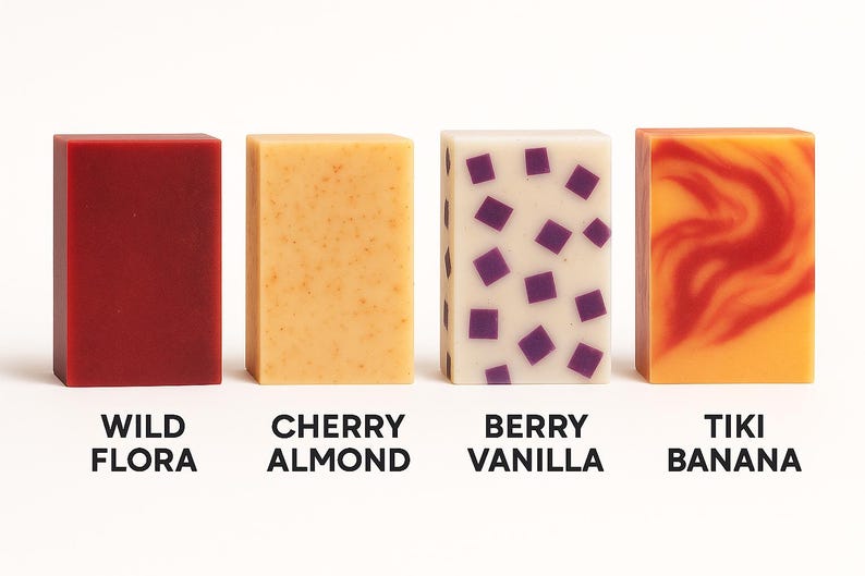 Peut inclure: Quatre savons artisanaux rectangulaires. Les barres sont &eacute;tiquet&eacute;es "Wild Flora", "Cherry Almond", "Berry Vanilla" et "Tiki Banana". Les couleurs des savons comprennent le rouge, le jaune, le blanc avec des carr&eacute;s violets et l'orange avec des tourbillons rouges.