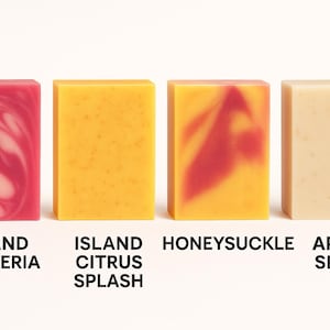 Peut inclure: Quatre savons rectangulaires aux couleurs et motifs vari&eacute;s. Les savons sont &eacute;tiquet&eacute;s : Island Plumeria, Island Citrus Splash, Honeysuckle et Apple Spice. Le savon Island Plumeria est rose avec des tourbillons blancs. Le savon Citrus Splash est jaune. Le savon Honeysuckle est jaune avec des tourbillons rouges. Le savon Apple Spice est beige.