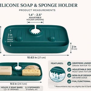 May include: Teal silicone soap and sponge holder. The holder is 10.63 inches (27 cm) long, 5 inches (12.7 cm) high, and 2 inches (5 cm) deep. It features an adjustable holder opening of 1.4 to 2.5 inches. The holder can hold 2 soap bars and 2-3 sponges.