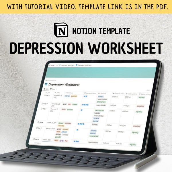Notion Depression Worksheet - Mental Health Workbook - Depression Worksheets - Save Emotions - Understanding Depression - Self Help Template