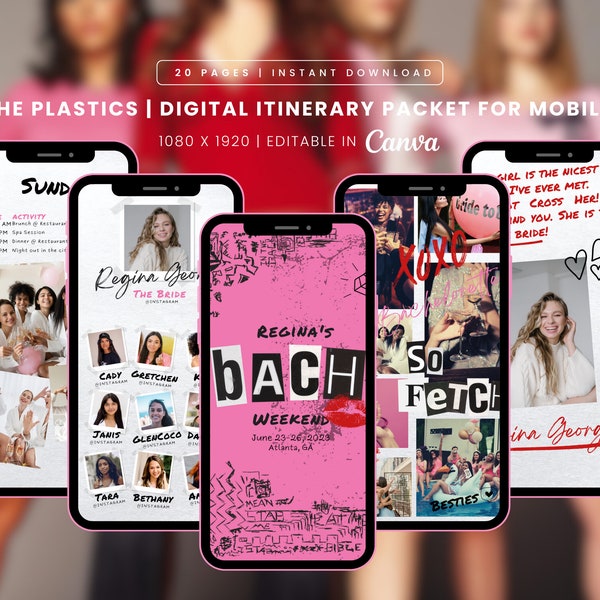 THE PLASTICS | Bachelorette Weekend Travel Digital Itinerary Packet Template for Mobile, 21 Pages, Instant Download, Editable in Canva