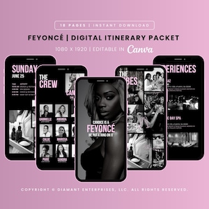 FEYONCÉ | 独身パーティーの週末旅行デジタル旅程表テンプレート、モバイル用、18 ページ、即時ダウンロード、1080 x 1920、Canva で編集可能