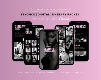 FEYONCÉ | Bachelorette Weekend Travel Digital Itinerary Packet Template for Mobile, 18 Pages, Instant Download, 1080x1920 Editable in Canva