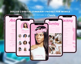 DOLLED | Birthday Weekend Travel Digital Itinerary Packet Template for Mobile, 21 Pages, Instant Download, Editable in Canva
