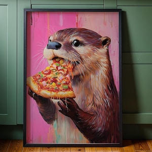 Divertente lontra che mangia pizza, arte murale digitale / Decorazione da cucina giocosa stampabile / Arte di animali stravaganti per la casa / Arte di animali carina e divertente