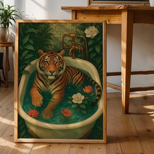 Art mural numérique tigre dans la baignoire - Décoration de salle de bain jungle | Poster animal lunatique | Art imprimable bohème moderne | Imprimé tigre pour spa