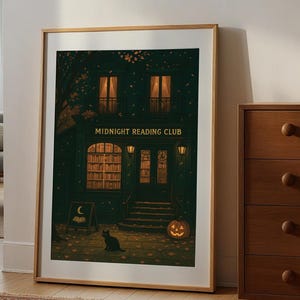 Midnight Reading Club Digital Wall Art | Cozy Autumn Bookshop Printable | Halloween Cat & Pumpkin Print