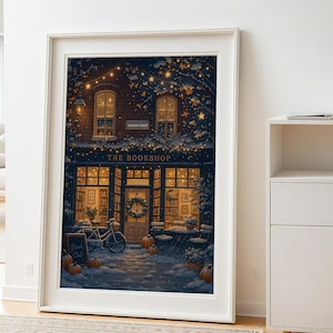 Cozy Winter Bookshop Digital Wall Art | Snowy Christmas Bookstore Print | Warm Holiday Home Decor | Reading Nook Artwork