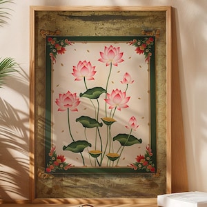 Rosa Lotus Kunstdruck, indische Kunst, Vintage botanische Drucke, Galerie Wandkunst, indisches Wohndekor, Seerosenblume asiatisch inspirierte Kunst