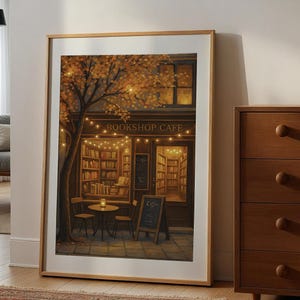 Cozy Bookshop Café Digital Wall Art | Autumn Reading Nook Printable | Warm Coffee & Books Illustration
