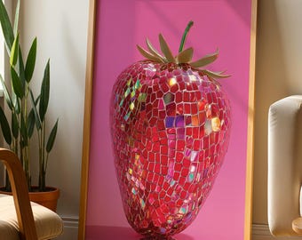 Wydruk artystyczny Disco Strawberries, modna ilustracja retro truskawki, czerwono-różowa estetyczna dekoracja ścienna, lustrzana sztuka Funky Food, wydruk Disco Ball