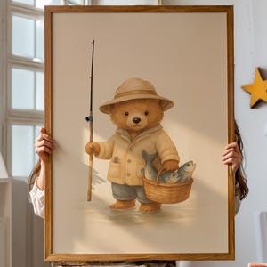 Teddy Bear Fishing Nursery Wall Art – Digital Download | Charming Bear Printable | Kids Room Decor | Rustic Nursery Print
