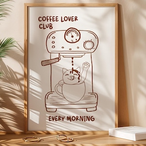 Plakat Coffee Lover Club | Wydrukowana sztuka ścienna do kuchni | Wydruk Retro Coffee Club | Wydruk ręcznie rysowany do kuchni | Plakat Espresso | Kawiarnia