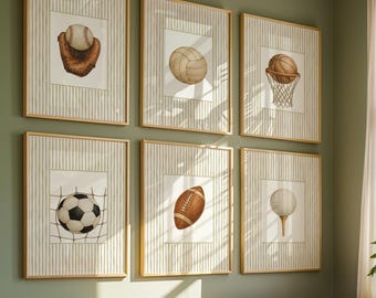 Sports Ball Digital Wall Art Set | Sage Green Striped Boys Room & Nursery Decor | Instant Download