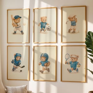 Vintage Teddy Bear Nursery Sports Wall Art Set | Blue Nursery & Playroom Digital Prints | Instant Download | Boy Sports Room