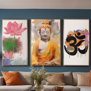 Buddha Wall Art, Spiritual Wall Art, 3 Piece Wall Art, Meditating Buddha Yoga Wall Art, Lotus Flower, Om Wall Decor, Best Selling Art Gift