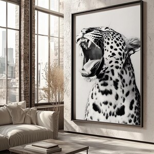 Black and White Leopard Roar Print, trendy leopard poster, gift for him, fashion wall art