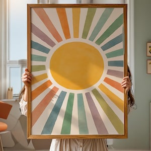 Boho Rainbow Sunburst Digital Wall Art | Modern Sunshine Printable | Watercolor Pastel Sun Print for Bedroom, Nursery, or Living Room