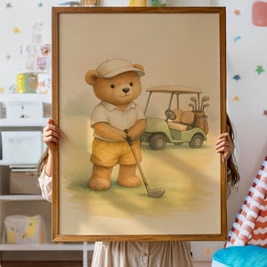 Golfing Teddy Bear Digital Wall Art | Nursery Sports Decor | Cute Bear Printable Art for Kids Room or Playroom