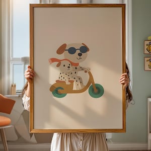 Papá e hijo en scooter: arte digital de pared para la habitación de un bebé o un niño. Impresión de dálmatas. Descarga imprimible.