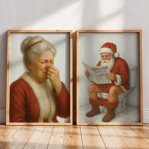 Funny Santa & Mrs. Claus Bathroom Wall Art – Set of 2 | Christmas Humor Decor | Holiday Toilet Art | Digital Download | Instant Printables