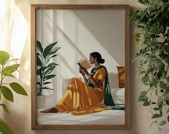May include: A framed illustration of a woman in a yellow and green sari sitting on a bed and reading a book. The woman is wearing jewelry and has her hair pulled back. The background is a white wall with a window.