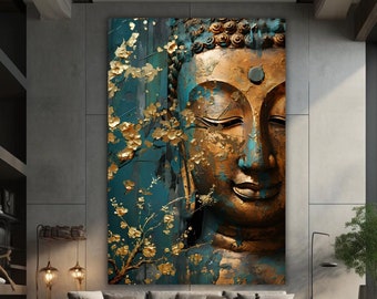 May include: A gold and blue abstract painting featuring a close-up of a Buddha's face. The painting has a textured, brushstroke effect and features a floral design in the corner.