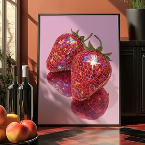 Discoaardbeien Art Print, leuke bardecoratie, trendy retro aardbeien, rood roze esthetisch decor, eten spiegelkunst, discobal print