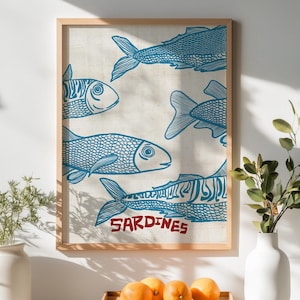 Sardines vintage art print, fish wall art for kitchen, dining, restaurant decor