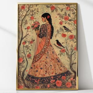 Indian Lady in Rose garden, Mughal inspired wall art digital download, Indian gallery wall decor