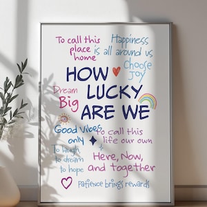 How Lucky Are We printable wall art, apartment decor, Trendy wall art preppy stuff, Navy Blue light Blue pink Wall decor