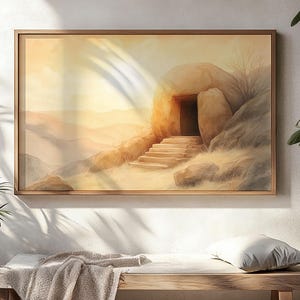 Tomba vuota all&#39;alba - Arte murale digitale cristiana, stampa della Resurrezione, è risorto, decorazioni pasquali, versetti biblici, opere d&#39;arte ispiratrici di fede