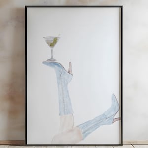 Decor barwagen, lichtblauwe cowgirl bottoms-up Art Print, martini muurkunst, cocktailposter barwagen kunst, trendy kunst aan de muur, keukenprint