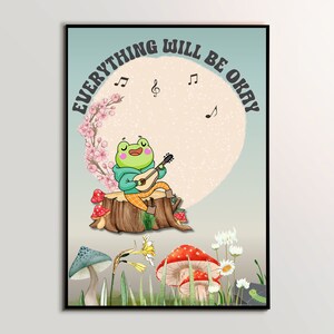 Retro Frog Jammin' con Groovy Mushrooms - Póster positivo Impresión de arte de pared digital - Regalo de decoración del hogar de setas de rana funky vintage de los años 70