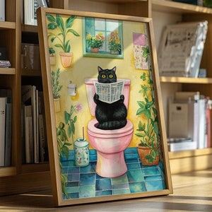 Cat Lover gift, black cat on toilet seat reading newspaper, funny bathroom art, cat mom gift, cat dad gift,  digital download
